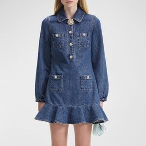 Self-Portrait Denim peplum mini dress with Gold Brooch